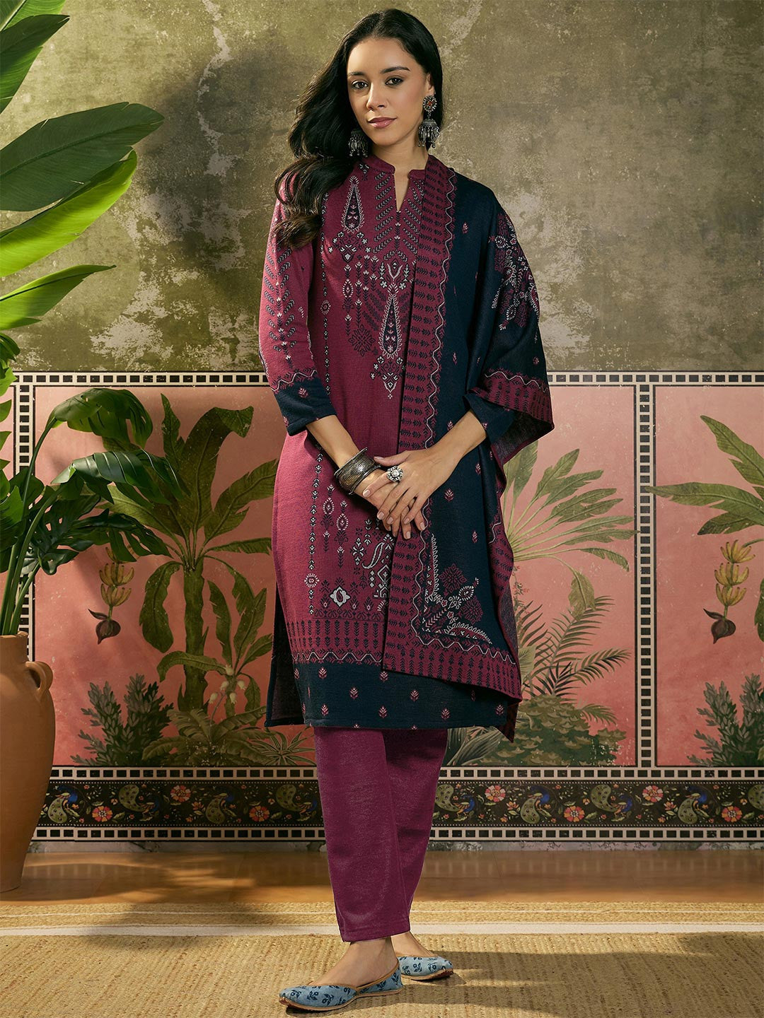 Dhiyona SN Women Winter Ethnic Motifs Printed Regular Kurta With Trousers & Dupatta