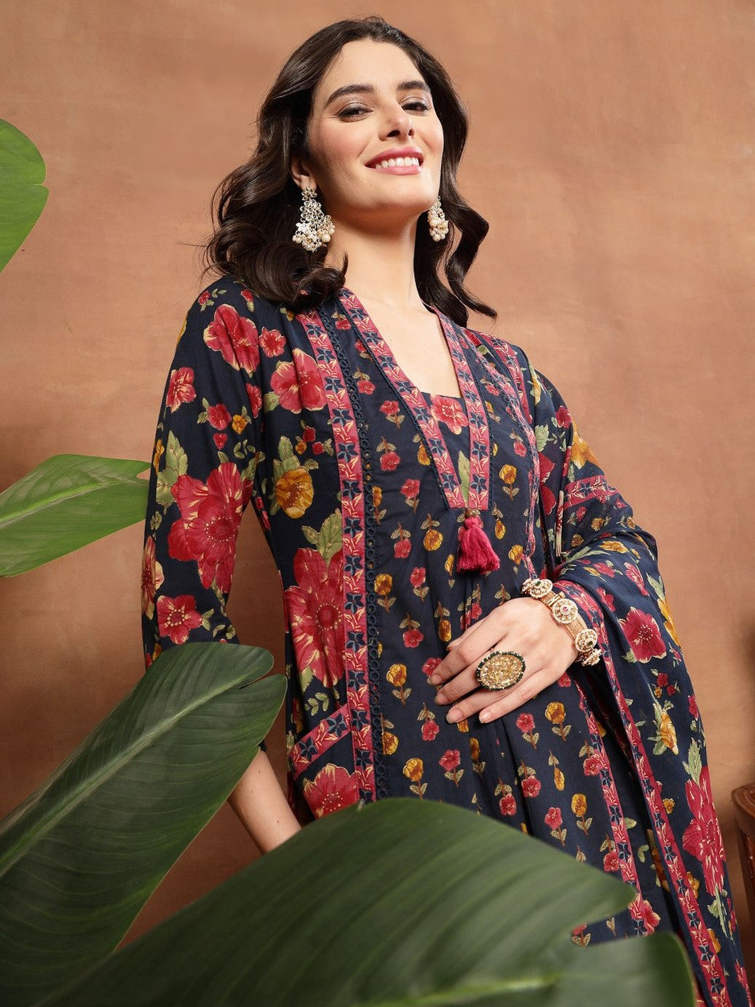 Printed Pure Cotton V-Neck Kurta & Palazzos Kurta Set