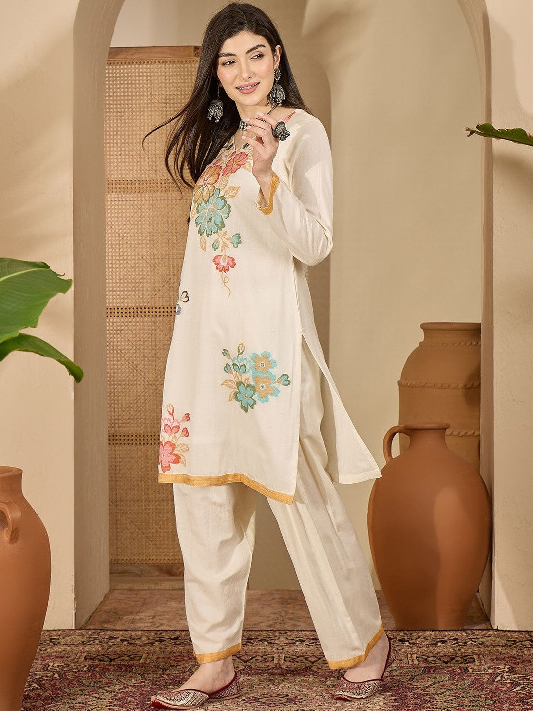 Winter Floral Self Design Kurta With Trousers