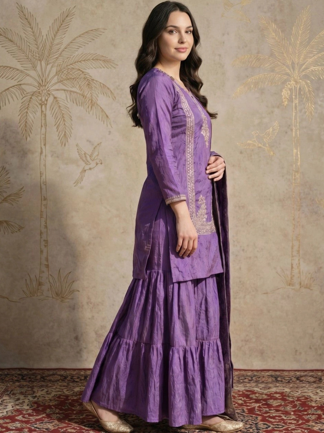 Women Ethnic Motifs Embroidered Regular Kurta with Sharara & With Dupatta
