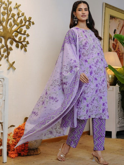Dhiyona KL Floral Printed Regular Sequinned Pure Cotton Kurta With Trousers & Dupatta