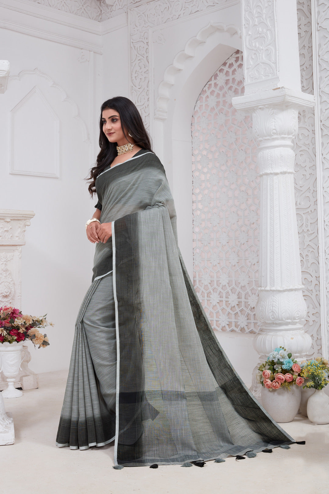 Dhiyona GR Women's Shades Pewter Grey Handloom Linen Saree