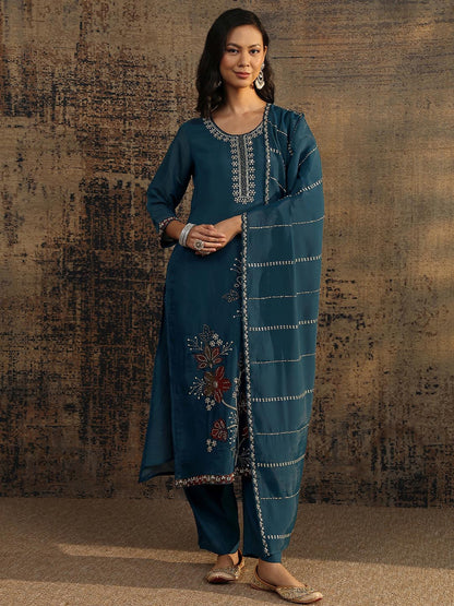 Women Floral Embroidered Regular Thread Work Kurta with Trousers & With Dupatta