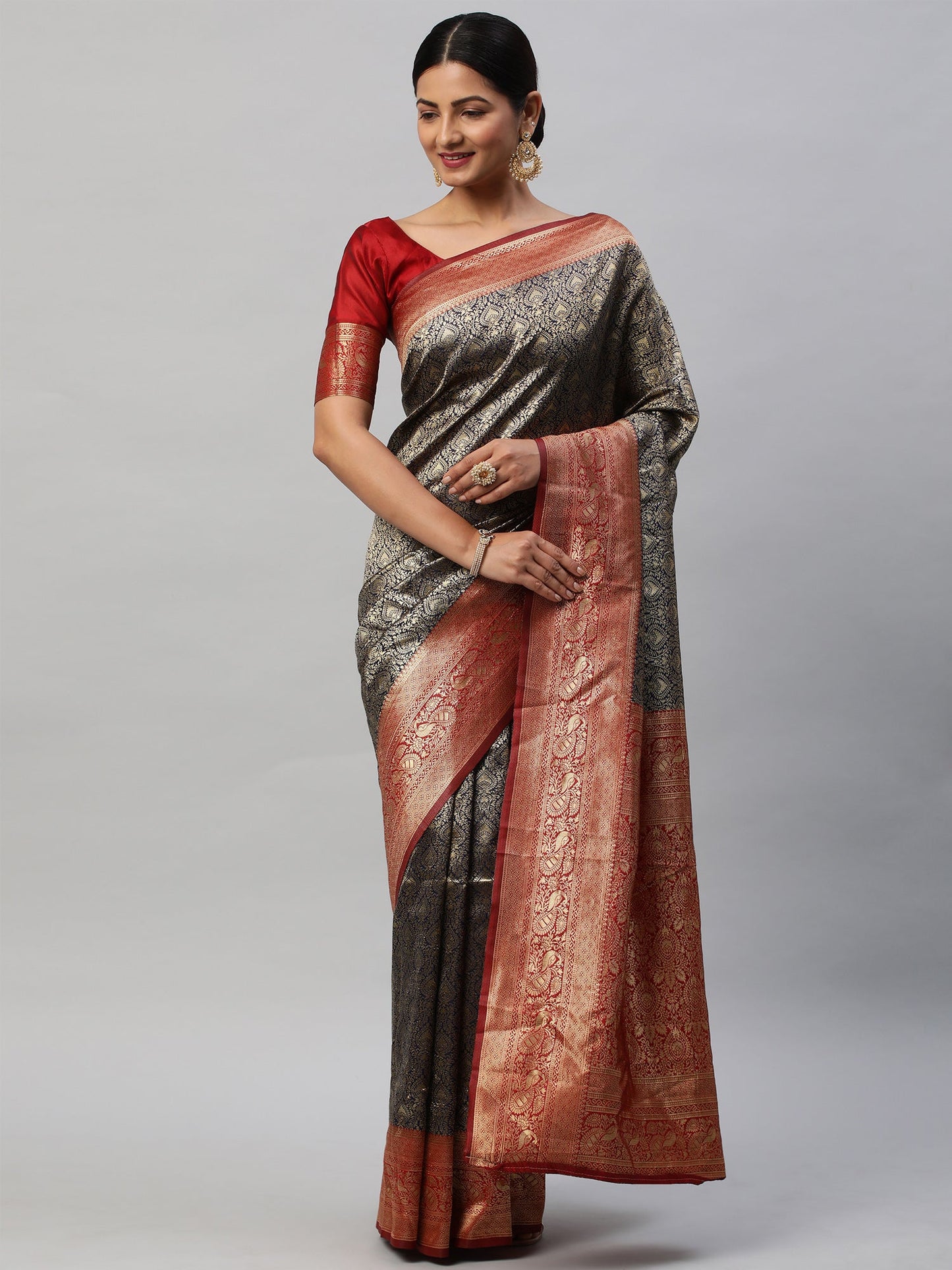 Women's Silk Blend Navy Blue Woven Design Designer Saree With Blouse Piece