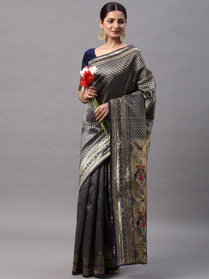 Women's Silk Blend Navy Blue Woven Design Designer Saree With Blouse Piece