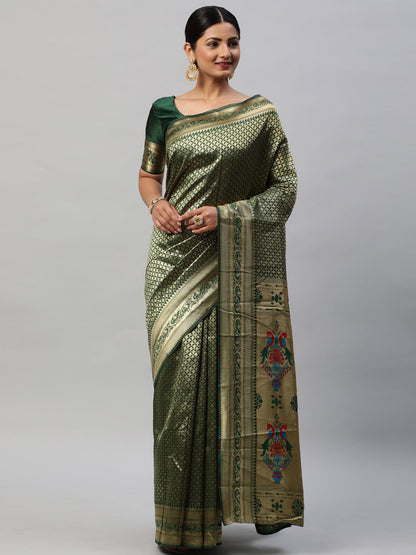 Women's Silk Blend Green Woven Design Designer Saree With Blouse Piece