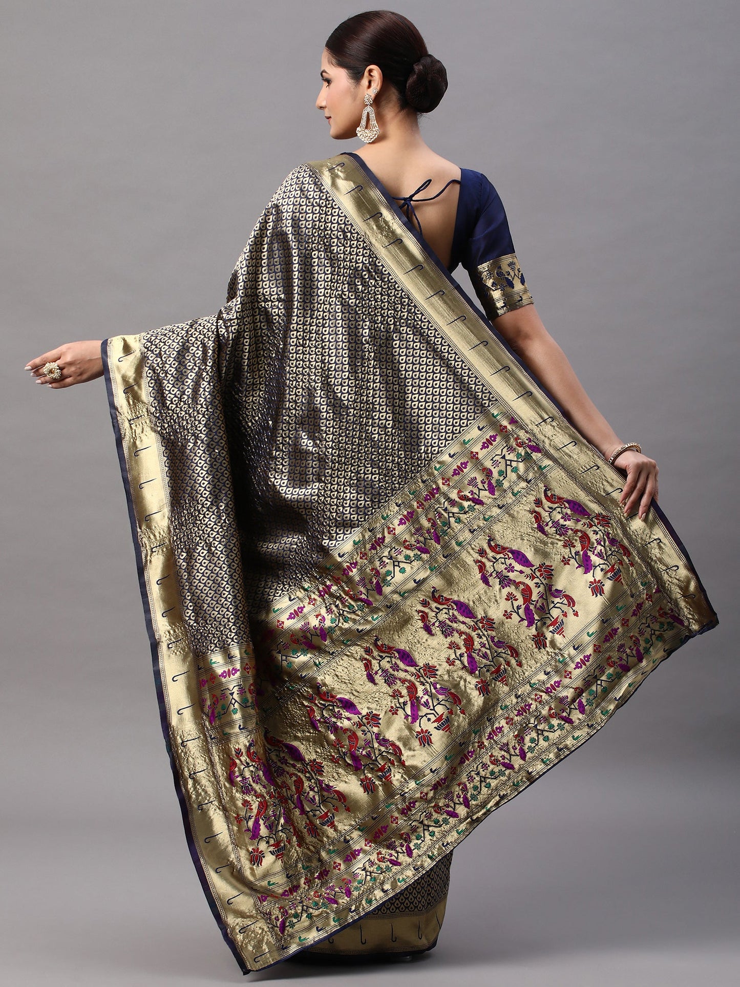 Women's Silk Blend Navy Blue Woven Design Designer Saree With Blouse Piece