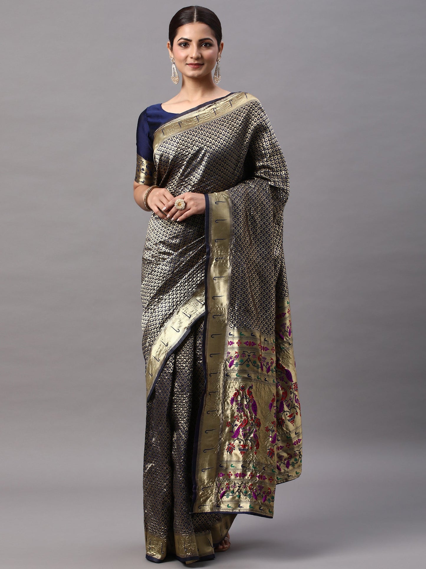 Women's Silk Blend Navy Blue Woven Design Designer Saree With Blouse Piece