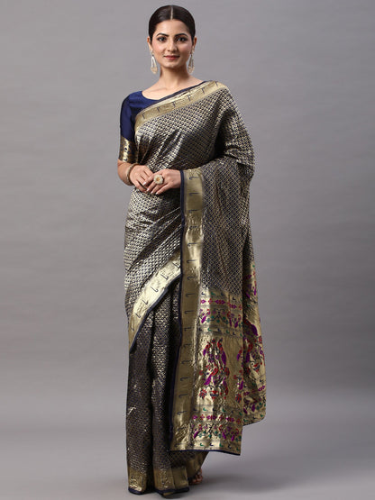 Women's Silk Blend Navy Blue Woven Design Designer Saree With Blouse Piece