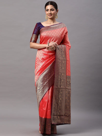 Women's Silk Blend Pink Woven Design Designer Saree With Blouse Piece