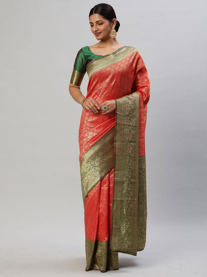 Women's Silk Blend Red Woven Design Designer Saree With Blouse Piece
