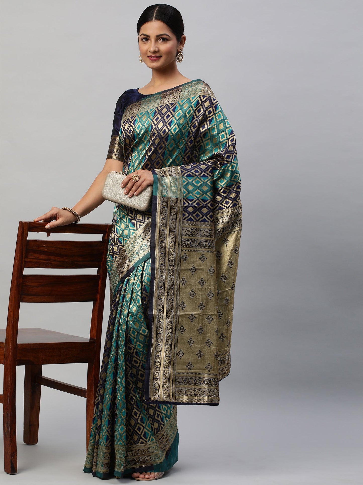 Women's Silk Blend Blue Woven Design Designer Saree With Blouse Piece