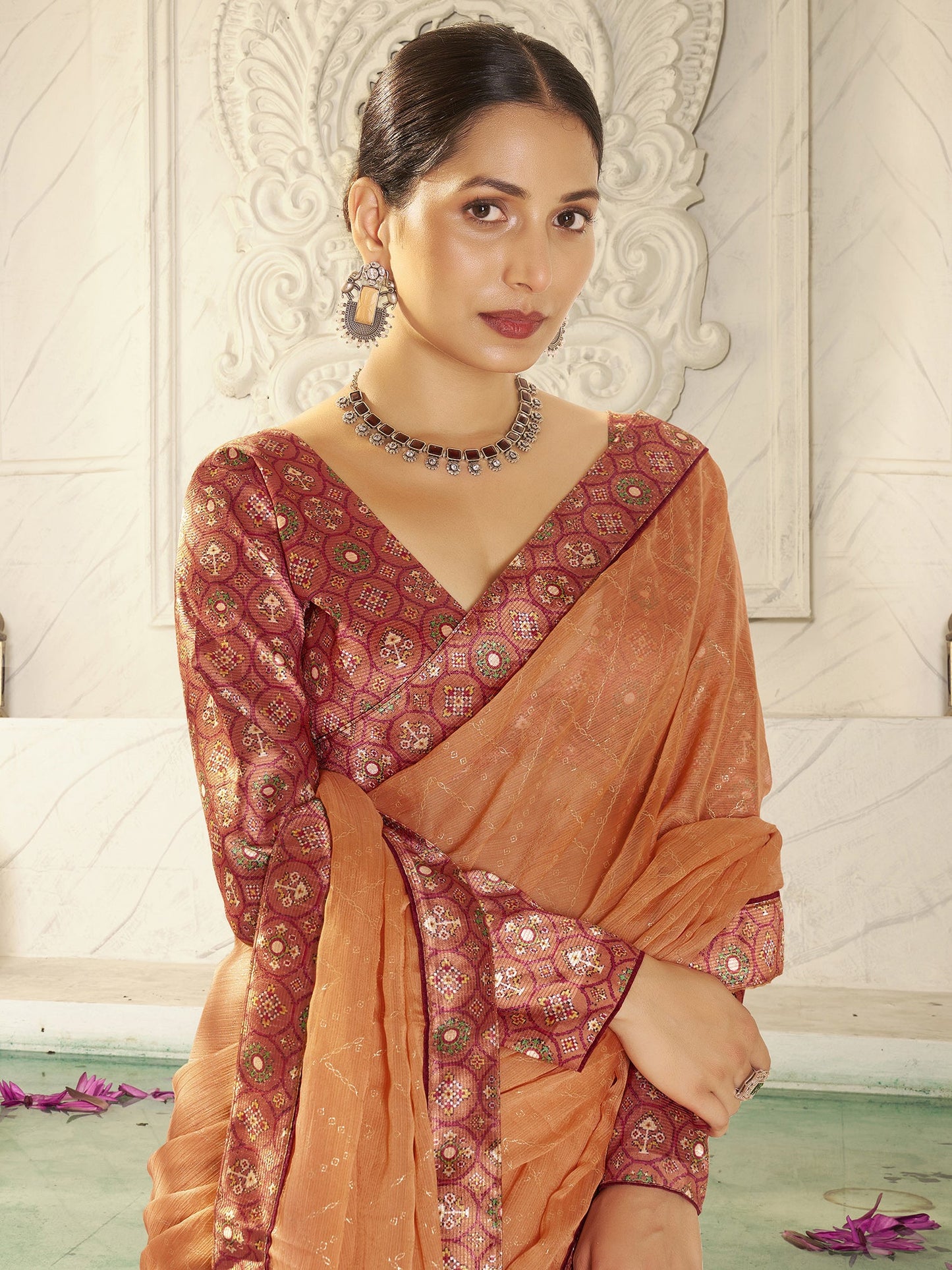 Women's Chiffon Peach Embellished Designer Saree With Blouse Piece