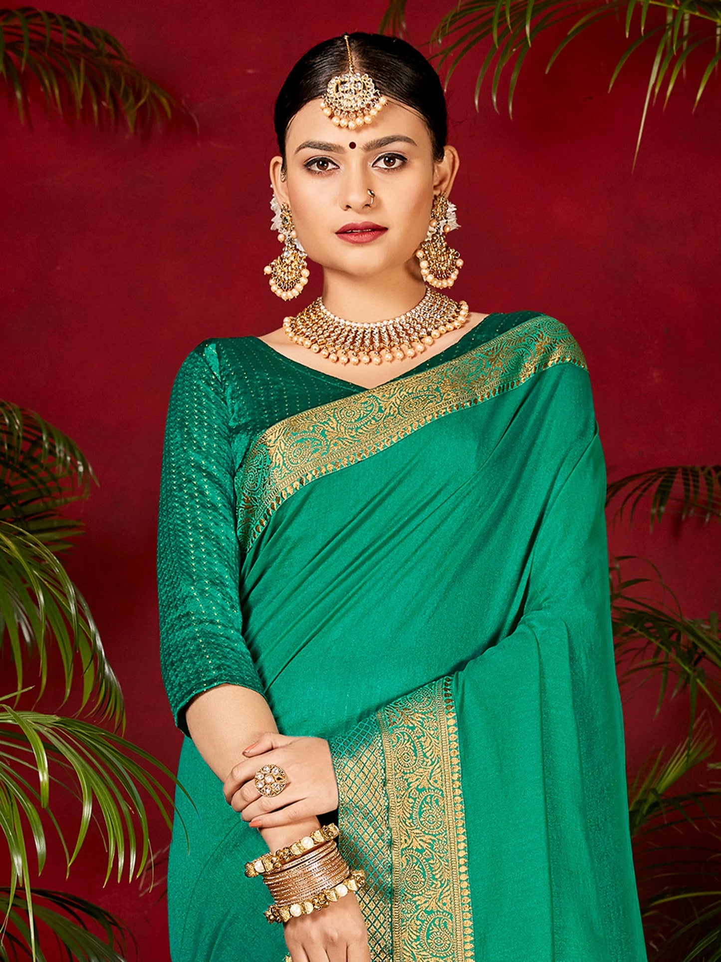 Women's Vichitra Silk Sea Green Embellished Designer Saree With Blouse Piece