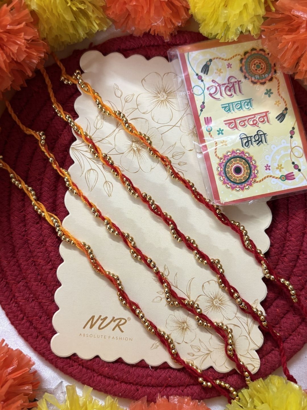 Dhiyona Set Of 4 Yellow & Red Thread Rakhi With Roli Chawal Chandan Mishri