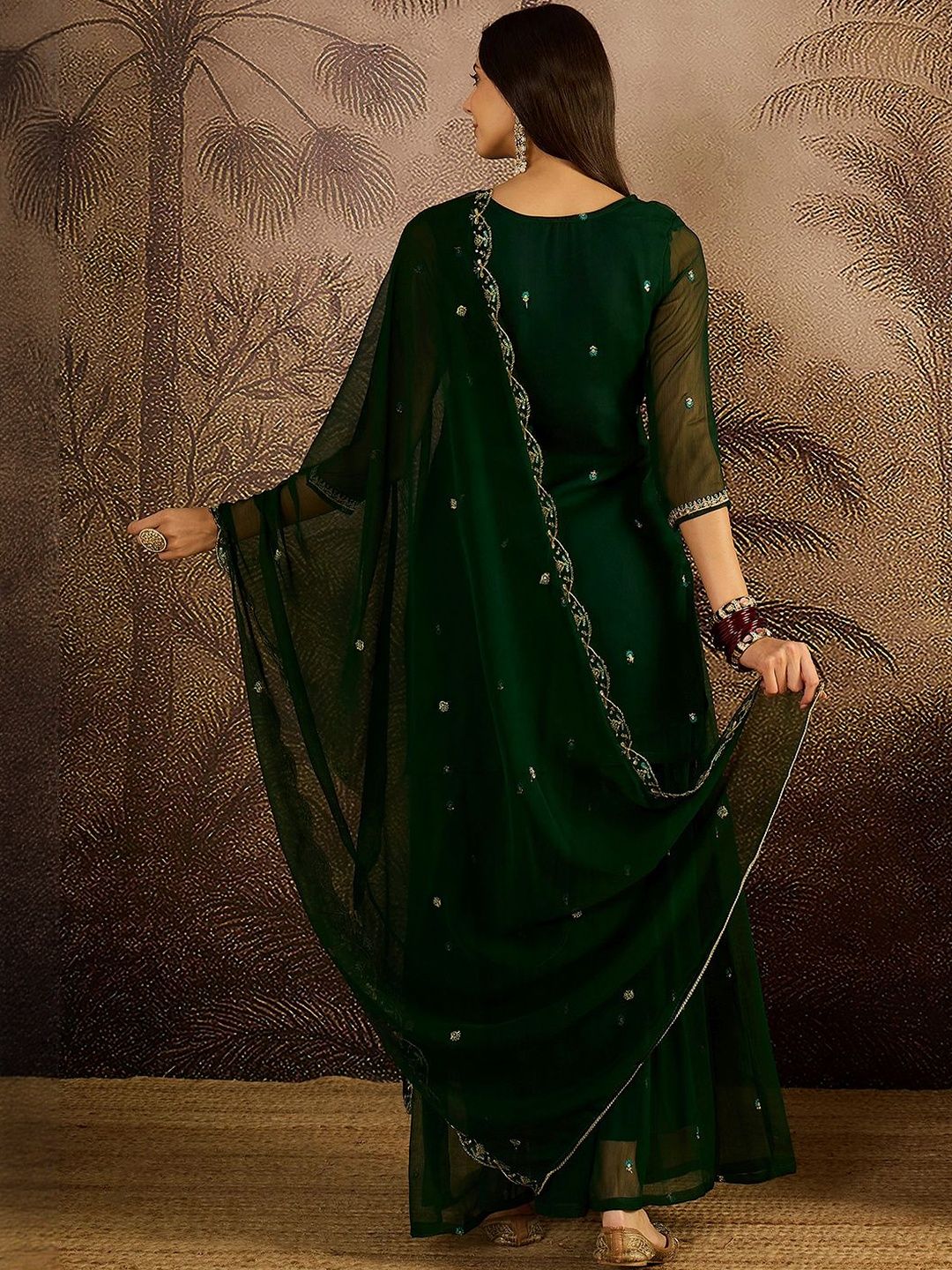 Dhiyona SN Women Ethnic Motifs Embroidered Zari Georgette Kurta with Sharara & Dupatta