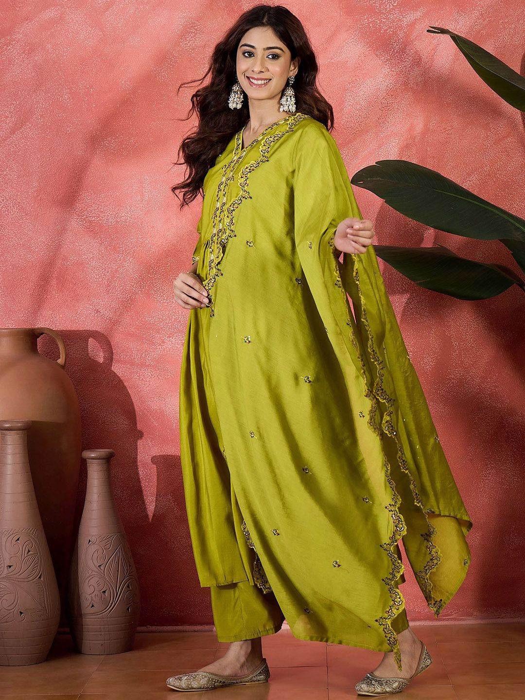 Dhiyona SN Women Sequin Embroidered Anarkali Kurta & Palazzo With Dupatta
