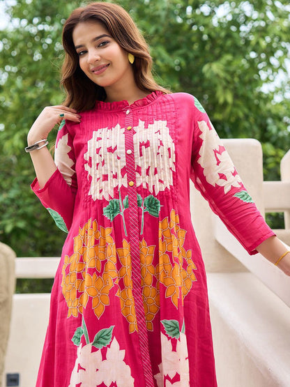 Dhiyona IE Floral Printed Pure Cotton Mandarin Collared Tunic With Trousers