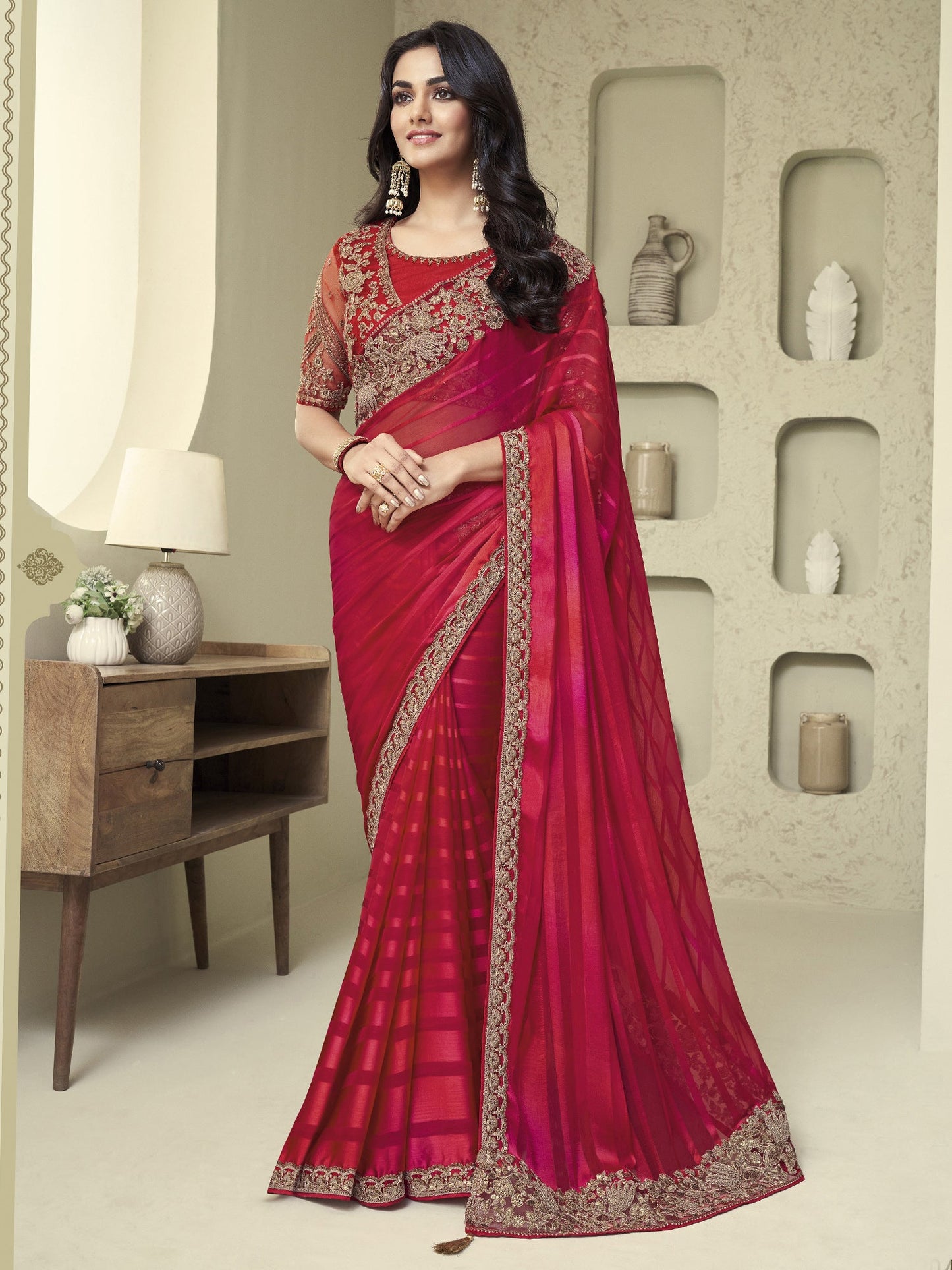 Women's Georgette Pink Embellished Designer Saree With Blouse Piece