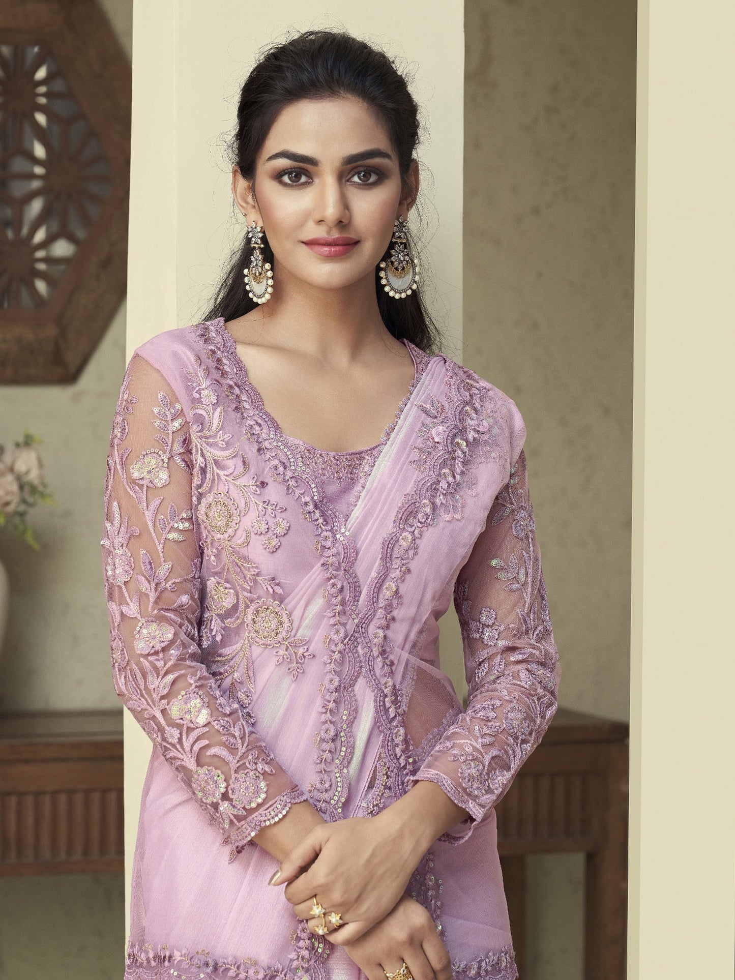 Women's Georgette Lavendar Embellished Designer Saree With Blouse Piece