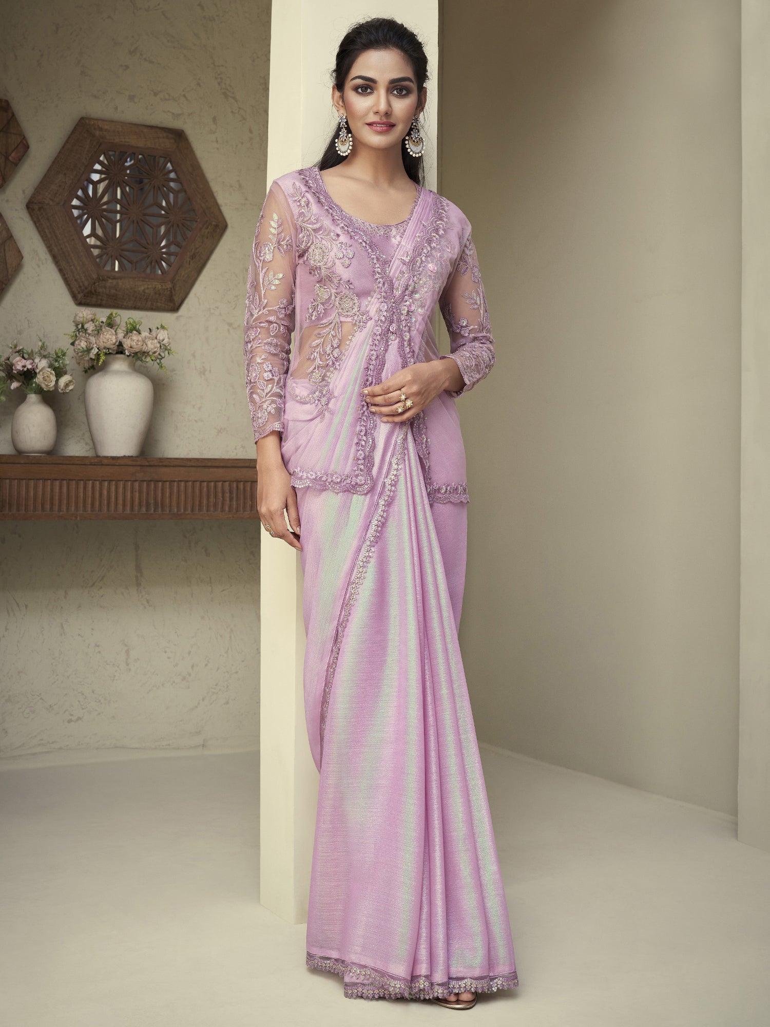 Women's Georgette Lavendar Embellished Designer Saree With Blouse Piece