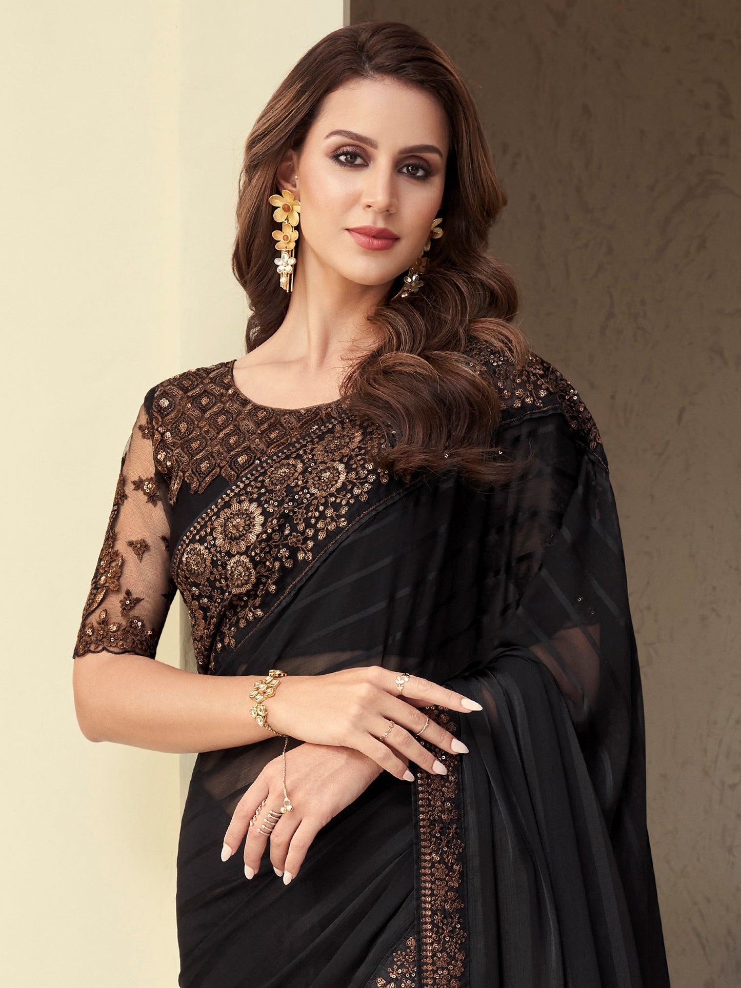 Women's Georgette Black Embellished Designer Saree With Blouse Piece