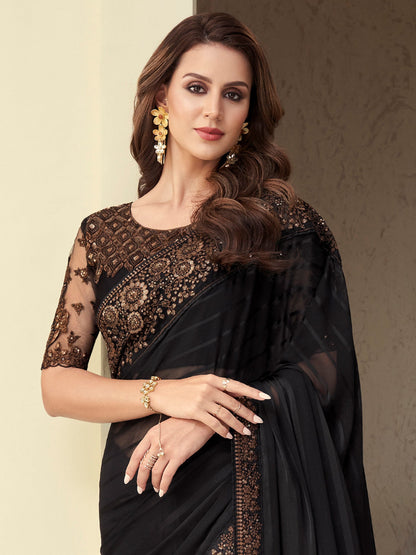 Women's Georgette Black Embellished Designer Saree With Blouse Piece