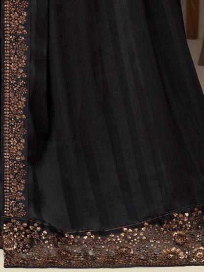 Women's Georgette Black Embellished Designer Saree With Blouse Piece