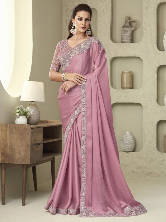Women's Georgette Mauve Embellished Designer Saree With Blouse Piece