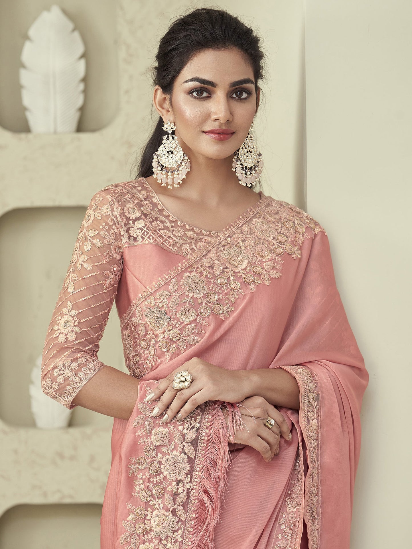 Women's Georgette Pink Embellished Designer Saree With Blouse Piece