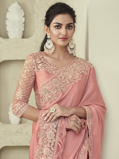 Women's Georgette Pink Embellished Designer Saree With Blouse Piece