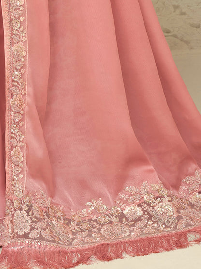 Women's Georgette Pink Embellished Designer Saree With Blouse Piece