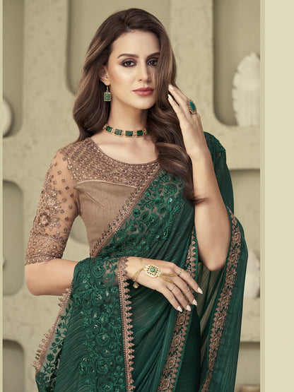 Women's Georgette Green Embellished Designer Saree With Blouse Piece