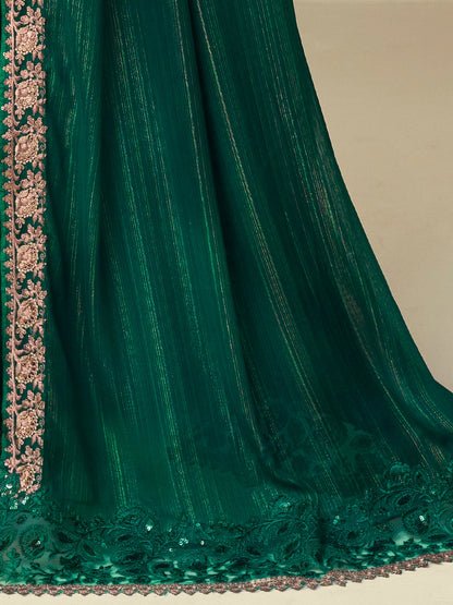 Women's Georgette Green Embellished Designer Saree With Blouse Piece