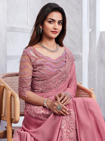 Women's Georgette Pink Embellished Designer Saree With Blouse Piece