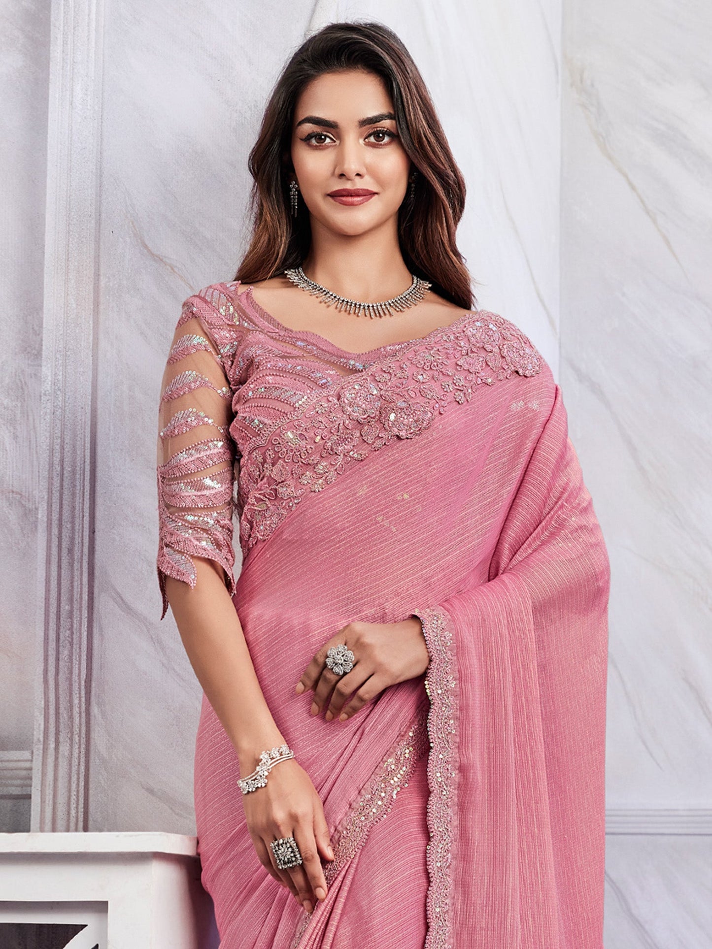 Women's Georgette Pink Embellished Designer Saree With Blouse Piece