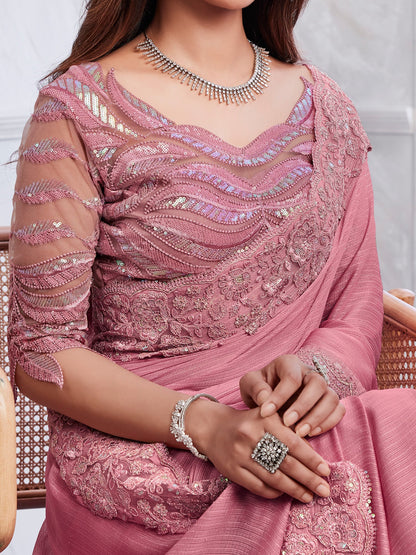 Women's Georgette Pink Embellished Designer Saree With Blouse Piece
