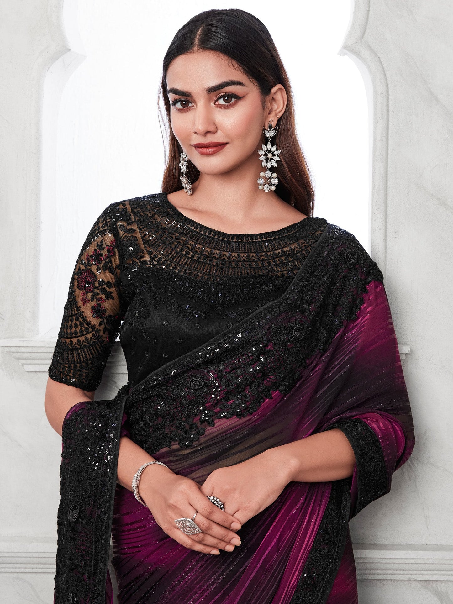 Women's Georgette Magenta Embellished Designer Saree With Blouse Piece
