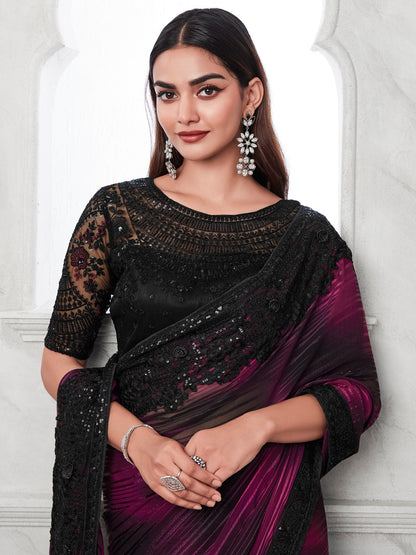 Women's Georgette Magenta Embellished Designer Saree With Blouse Piece