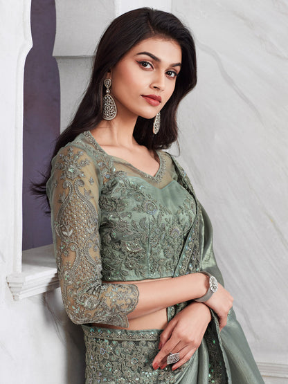 Women's Georgette Sea Green Embellished Designer Saree With Blouse Piece