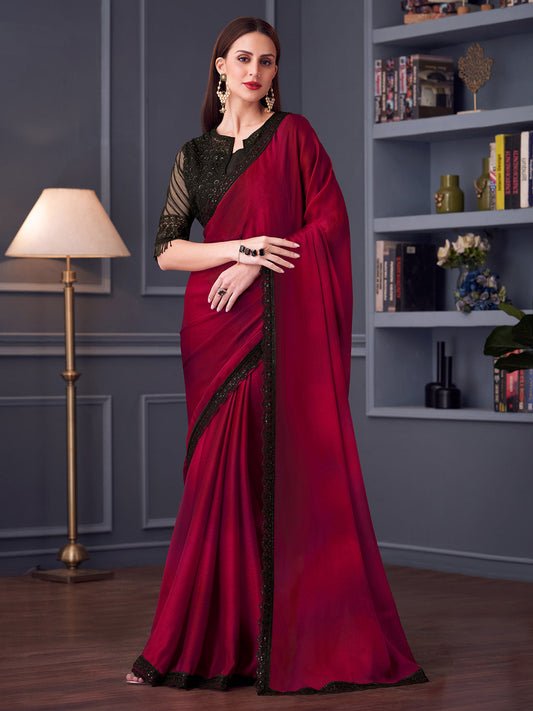 Women's Satin Silk Black Embellished Designer Saree With Blouse Piece