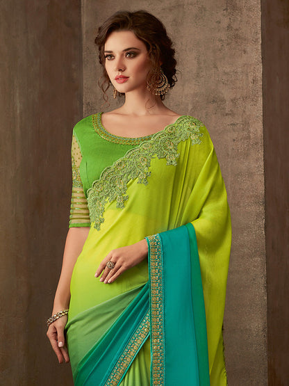 Women's Pure Chiffon Light Blue Embellished Designer Saree With Blouse Piece