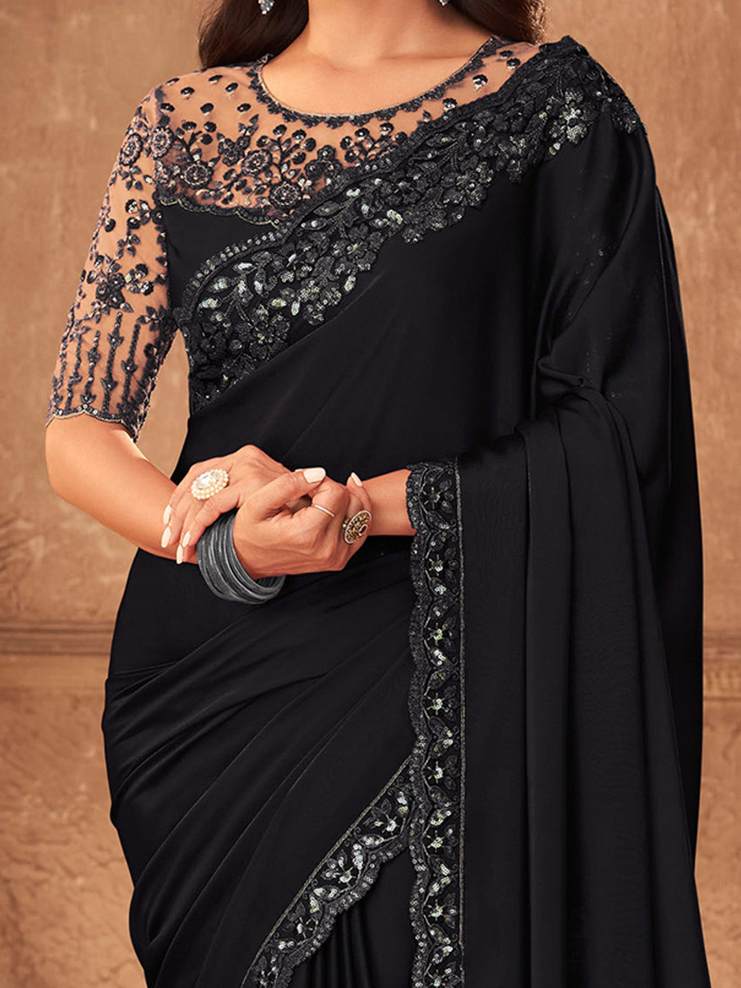 Women's Pure Chiffon Black Embellished Designer Saree With Blouse Piece