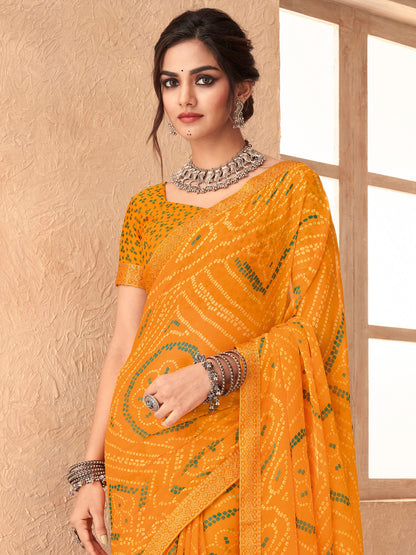 Women's Chiffon Yellow Embellished Designer Saree With Blouse Piece