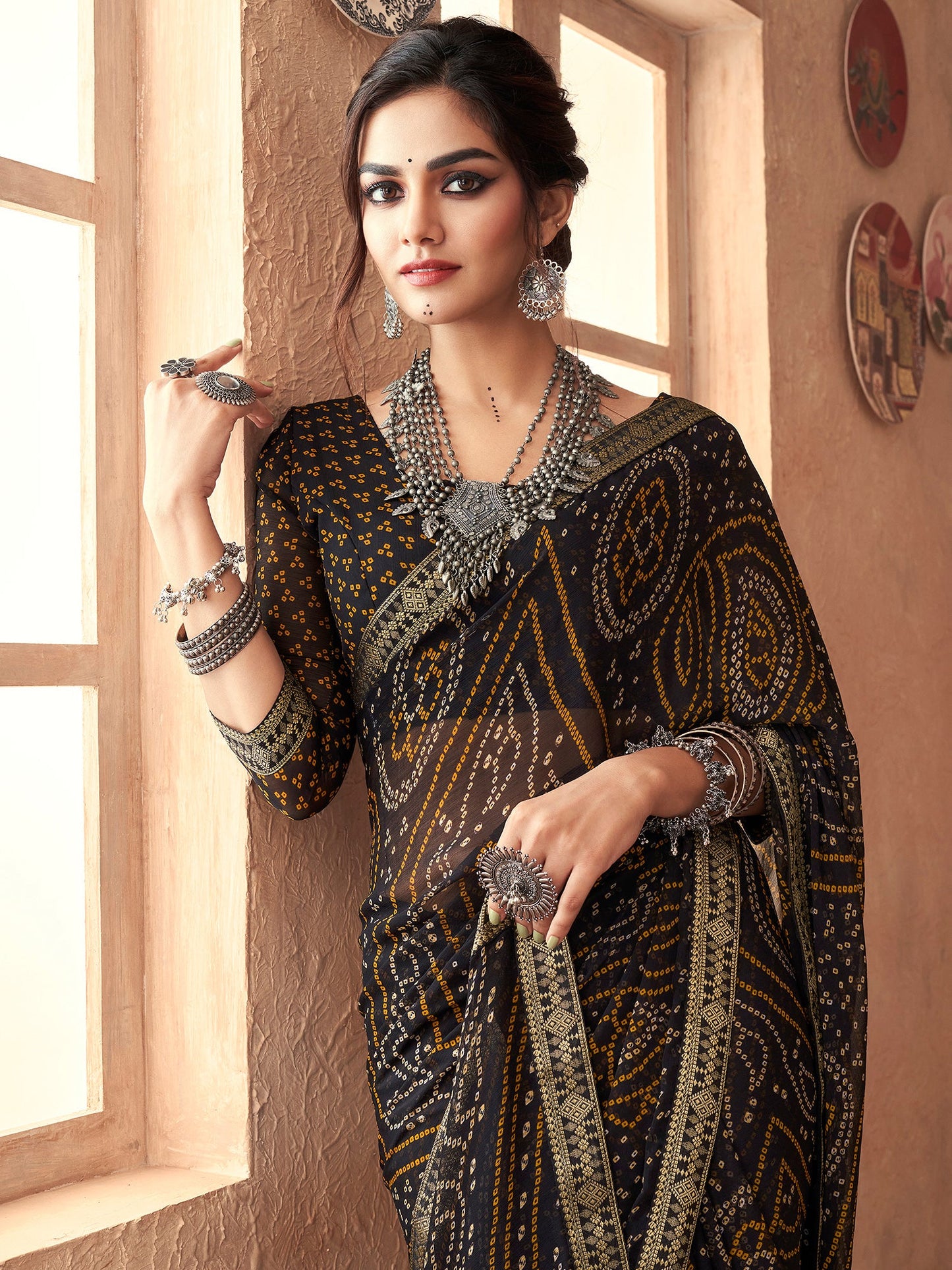 Women's Chiffon Black Embellished Designer Saree With Blouse Piece