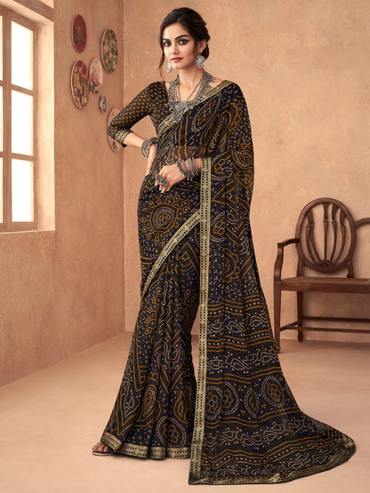 Women's Chiffon Black Embellished Designer Saree With Blouse Piece