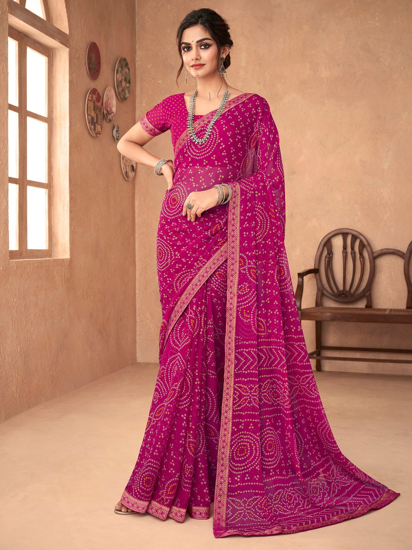Women's Chiffon Pink Embellished Designer Saree With Blouse Piece