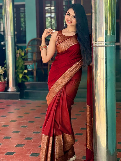 Women's Silk Blend Maroon Woven Design Designer Saree With Blouse Piece