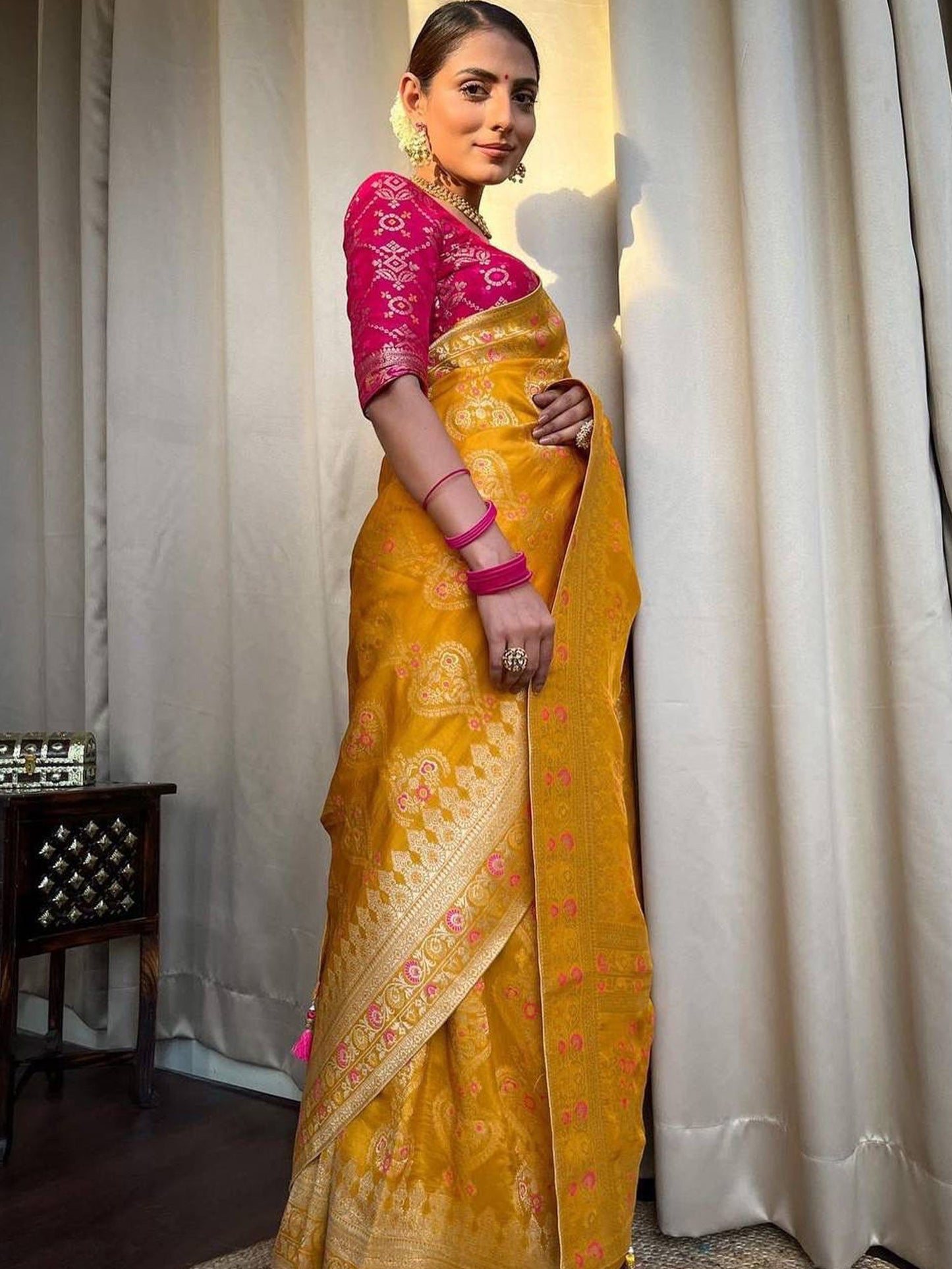 Women's Silk Blend Yellow Woven Design Designer Saree With Blouse Piece