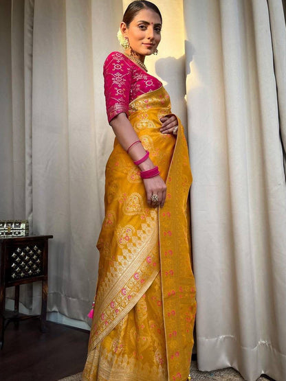Women's Silk Blend Yellow Woven Design Designer Saree With Blouse Piece